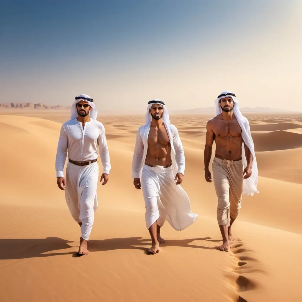 Prompt: Three muscular tan (handsome Arab men) standing in the desert, barefoot, facing front, (dramatic lighting), vivid sandy tones, warm golden hues, sunlit atmosphere, powerful and confident expressions, clear blue sky in the background, desert landscape with rolling dunes, slight mirage effect, high resolution, photorealistic, ultra-detailed, (cinematic masterpiece) quality.