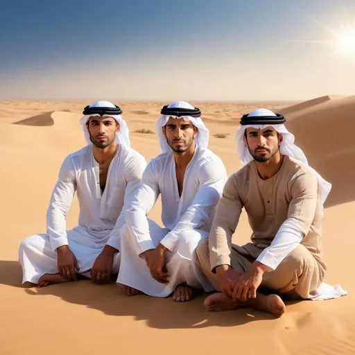 Prompt: Three muscular tan (handsome Arab men) sitting in the desert, barefoot, facing front, (dramatic lighting), vivid sandy tones, warm golden hues, sunlit atmosphere, powerful and confident expressions, clear blue sky in the background, desert landscape with rolling dunes, slight mirage effect, high resolution, photorealistic, ultra-detailed, (cinematic masterpiece) quality.