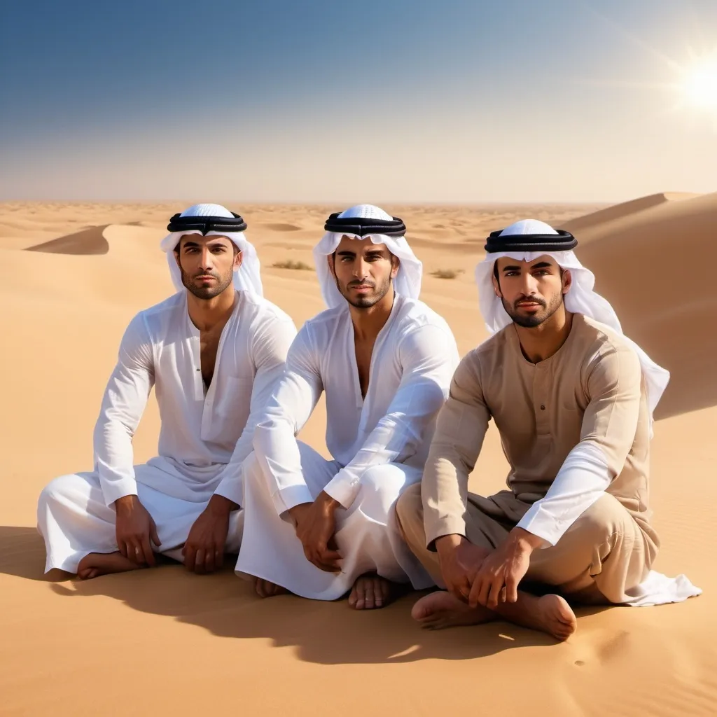 Prompt: Three muscular tan (handsome Arab men) sitting in the desert, barefoot, facing front, (dramatic lighting), vivid sandy tones, warm golden hues, sunlit atmosphere, powerful and confident expressions, clear blue sky in the background, desert landscape with rolling dunes, slight mirage effect, high resolution, photorealistic, ultra-detailed, (cinematic masterpiece) quality.