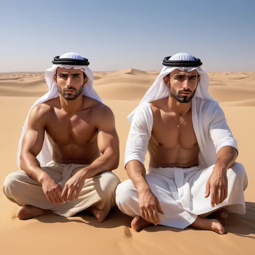 Prompt: Three muscular tan (handsome Arab men) sitting in the desert, barefoot, facing front, (dramatic lighting), vivid sandy tones, warm golden hues, sunlit atmosphere, powerful and confident expressions, clear blue sky in the background, desert landscape with rolling dunes, slight mirage effect, high resolution, photorealistic, ultra-detailed, (cinematic masterpiece) quality.