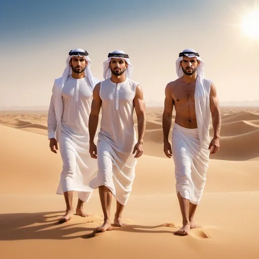 Prompt: Three short muscular tan (handsome Arab men) standing in the desert, barefoot, facing front, (dramatic lighting), vivid sandy tones, warm golden hues, sunlit atmosphere, powerful and confident expressions, clear blue sky in the background, desert landscape with rolling dunes, slight mirage effect, high resolution, photorealistic, ultra-detailed, (cinematic masterpiece) quality.