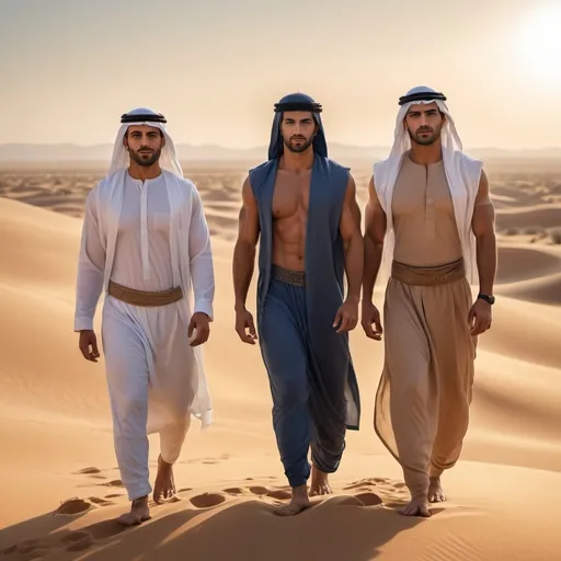 Prompt: Three muscular tan handsome Arab men standing in the desert barefoot facing front