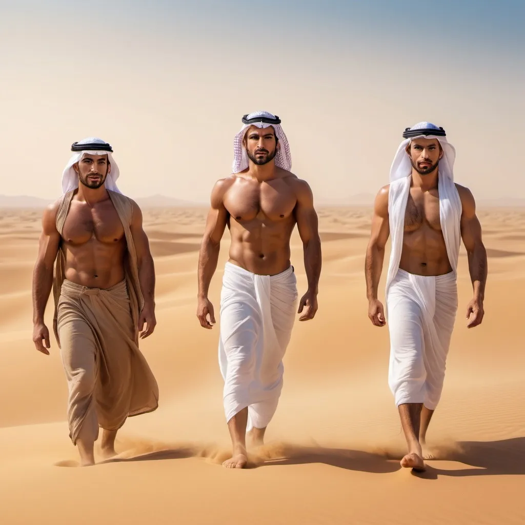 Prompt: Three muscular tan (handsome Arab men) standing in the desert, barefoot, facing front, (dramatic lighting), vivid sandy tones, warm golden hues, sunlit atmosphere, powerful and confident expressions, clear blue sky in the background, desert landscape with rolling dunes, slight mirage effect, high resolution, photorealistic, ultra-detailed, (cinematic masterpiece) quality.