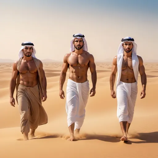 Prompt: Three muscular tan (handsome Arab men) standing in the desert, barefoot, facing front, (dramatic lighting), vivid sandy tones, warm golden hues, sunlit atmosphere, powerful and confident expressions, clear blue sky in the background, desert landscape with rolling dunes, slight mirage effect, high resolution, photorealistic, ultra-detailed, (cinematic masterpiece) quality.