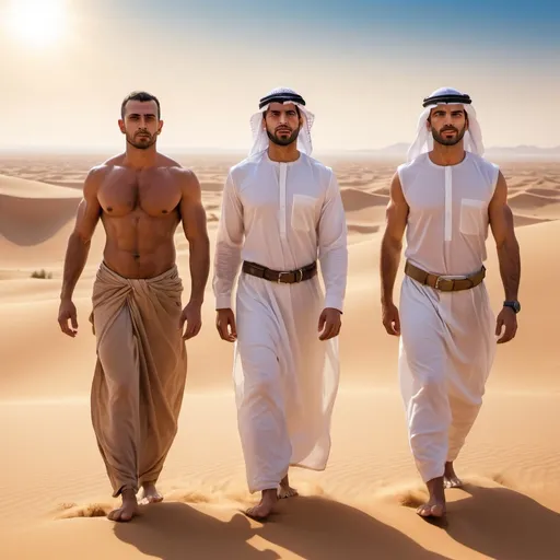 Prompt: Three muscular tan (handsome Arab men) standing in the desert, barefoot, facing front, (dramatic lighting), vivid sandy tones, warm golden hues, sunlit atmosphere, powerful and confident expressions, clear blue sky in the background, desert landscape with rolling dunes, slight mirage effect, high resolution, photorealistic, ultra-detailed, (cinematic masterpiece) quality.