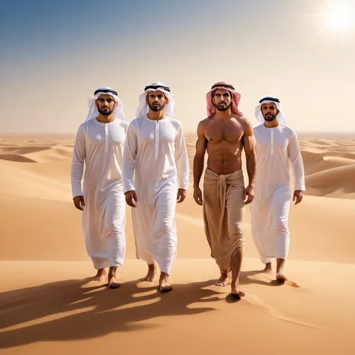 Prompt: Three short muscular tan (handsome Arab men) standing in the desert, barefoot, facing front, (dramatic lighting), vivid sandy tones, warm golden hues, sunlit atmosphere, powerful and confident expressions, clear blue sky in the background, desert landscape with rolling dunes, slight mirage effect, high resolution, photorealistic, ultra-detailed, (cinematic masterpiece) quality.