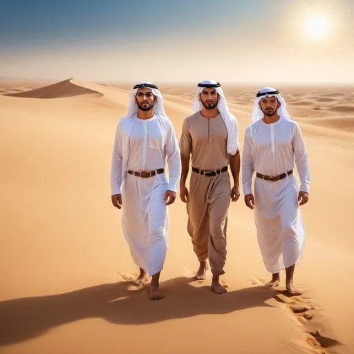 Prompt: Three short muscular tan (handsome Arab men) standing in the desert, barefoot, facing front, (dramatic lighting), vivid sandy tones, warm golden hues, sunlit atmosphere, powerful and confident expressions, clear blue sky in the background, desert landscape with rolling dunes, slight mirage effect, high resolution, photorealistic, ultra-detailed, (cinematic masterpiece) quality.