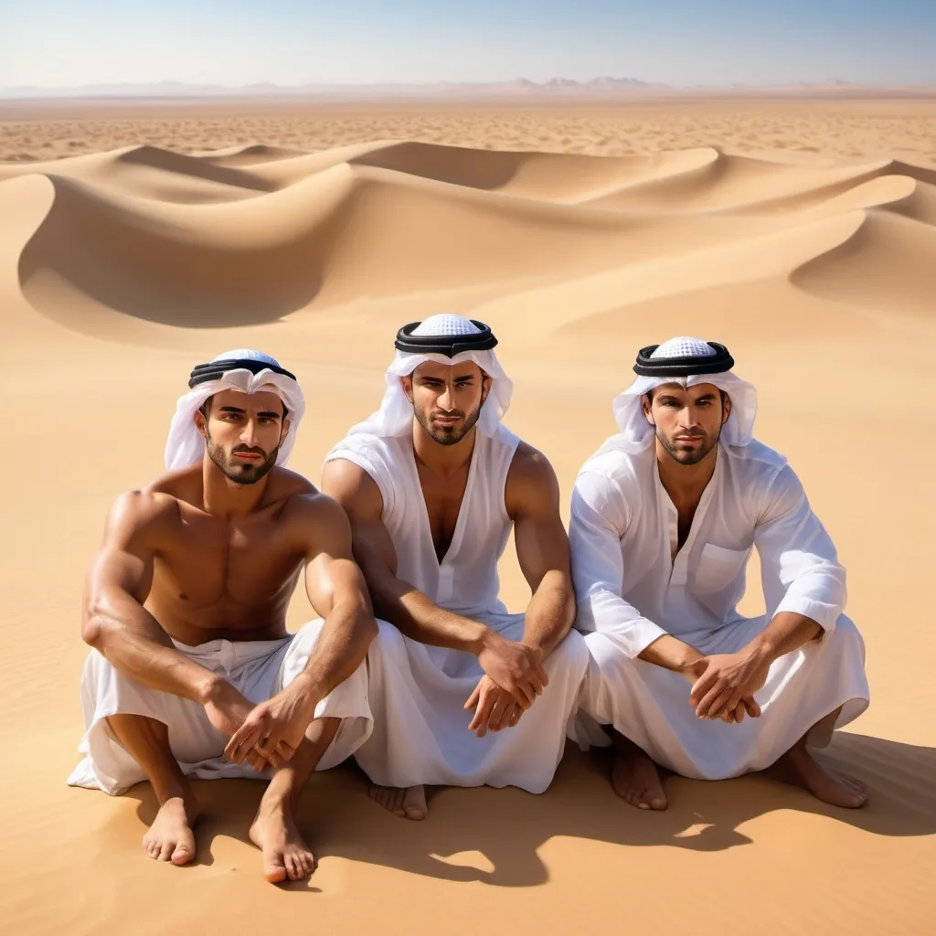 Prompt: Three muscular tan (handsome Arab men) sitting in the desert, barefoot, facing front, (dramatic lighting), vivid sandy tones, warm golden hues, sunlit atmosphere, powerful and confident expressions, clear blue sky in the background, desert landscape with rolling dunes, slight mirage effect, high resolution, photorealistic, ultra-detailed, (cinematic masterpiece) quality.