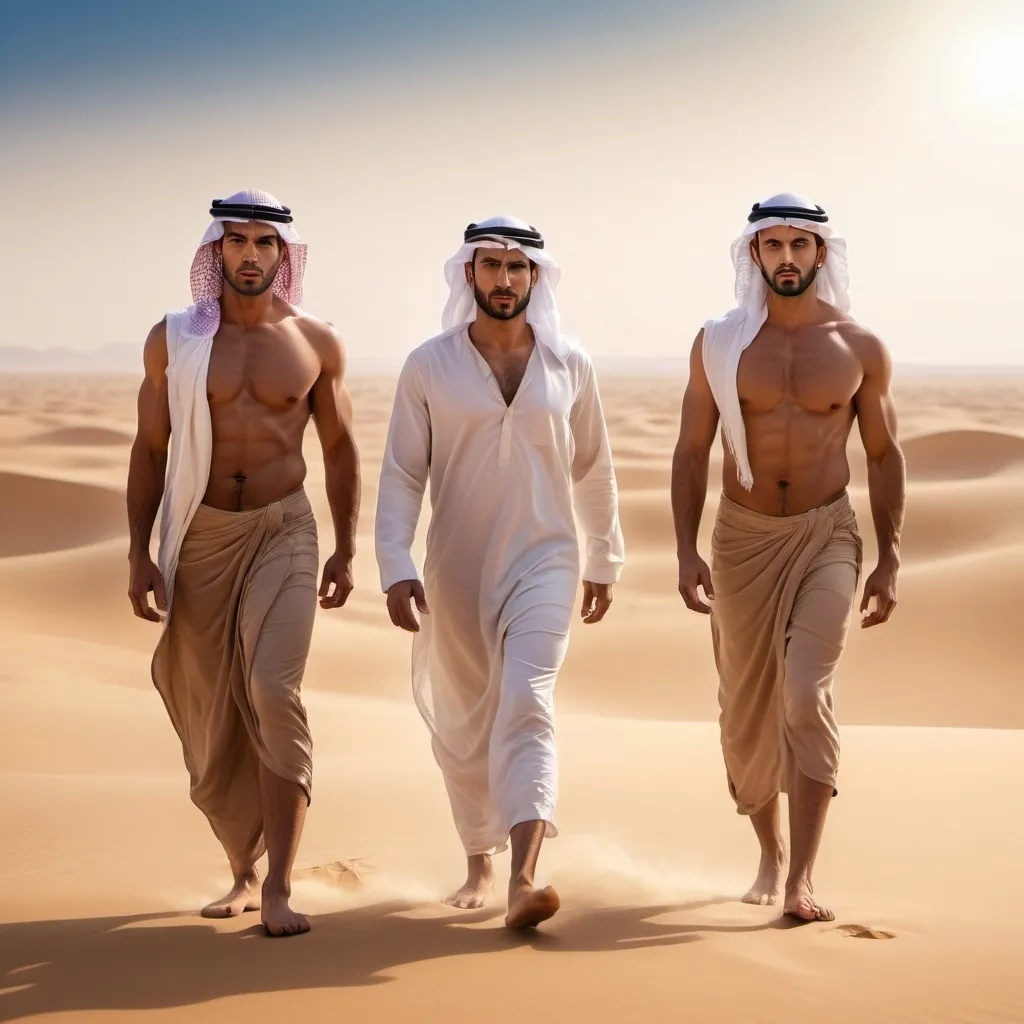 Prompt: Three muscular tan (handsome Arab men) standing in the desert, barefoot, facing front, (dramatic lighting), vivid sandy tones, warm golden hues, sunlit atmosphere, powerful and confident expressions, clear blue sky in the background, desert landscape with rolling dunes, slight mirage effect, high resolution, photorealistic, ultra-detailed, (cinematic masterpiece) quality.