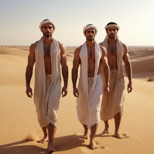 Prompt: Three muscular, tan, (handsome) Arab men standing in the desert, barefoot, facing front, photorealistic, warm golden tones, sunlit, dramatic shadows, clear sky, golden sand dunes in the background, slight wind blowing, confident expressions, high definition, ultra-detailed, cinematic quality, emphasizing the rugged and natural beauty of the desert environment, 4K.