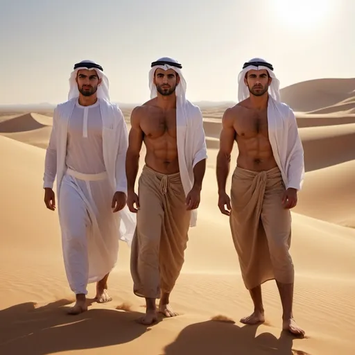 Prompt: Three muscular, tan, (handsome) Arab men standing in the desert, barefoot, facing front, photorealistic, warm golden tones, sunlit, dramatic shadows, clear sky, golden sand dunes in the background, slight wind blowing, confident expressions, high definition, ultra-detailed, cinematic quality, emphasizing the rugged and natural beauty of the desert environment, 4K.