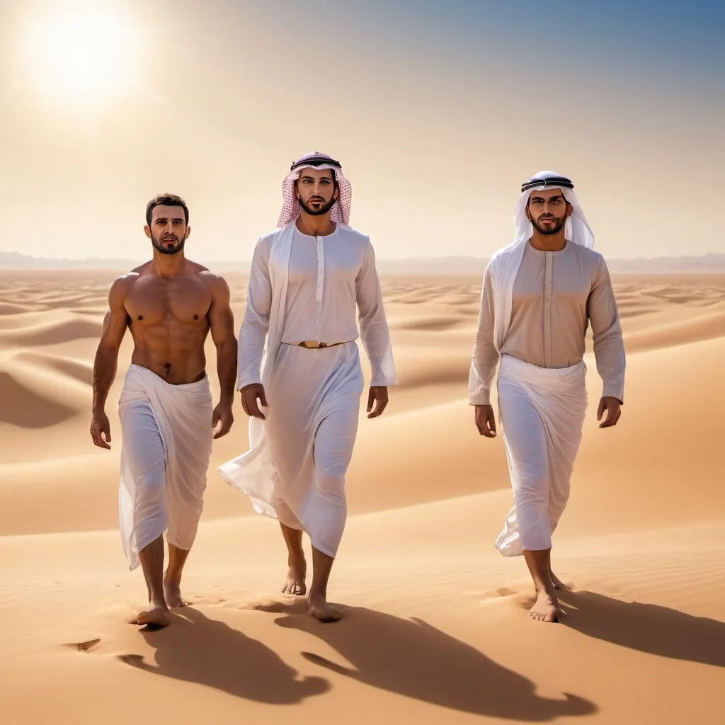 Prompt: Three muscular tan (handsome Arab men) standing in the desert, barefoot, facing front, (dramatic lighting), vivid sandy tones, warm golden hues, sunlit atmosphere, powerful and confident expressions, clear blue sky in the background, desert landscape with rolling dunes, slight mirage effect, high resolution, photorealistic, ultra-detailed, (cinematic masterpiece) quality.