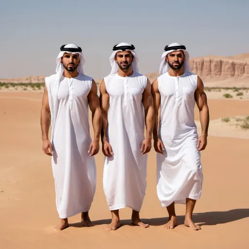 Prompt: Three muscular tan handsome Arab men standing in the desert barefoot facing front