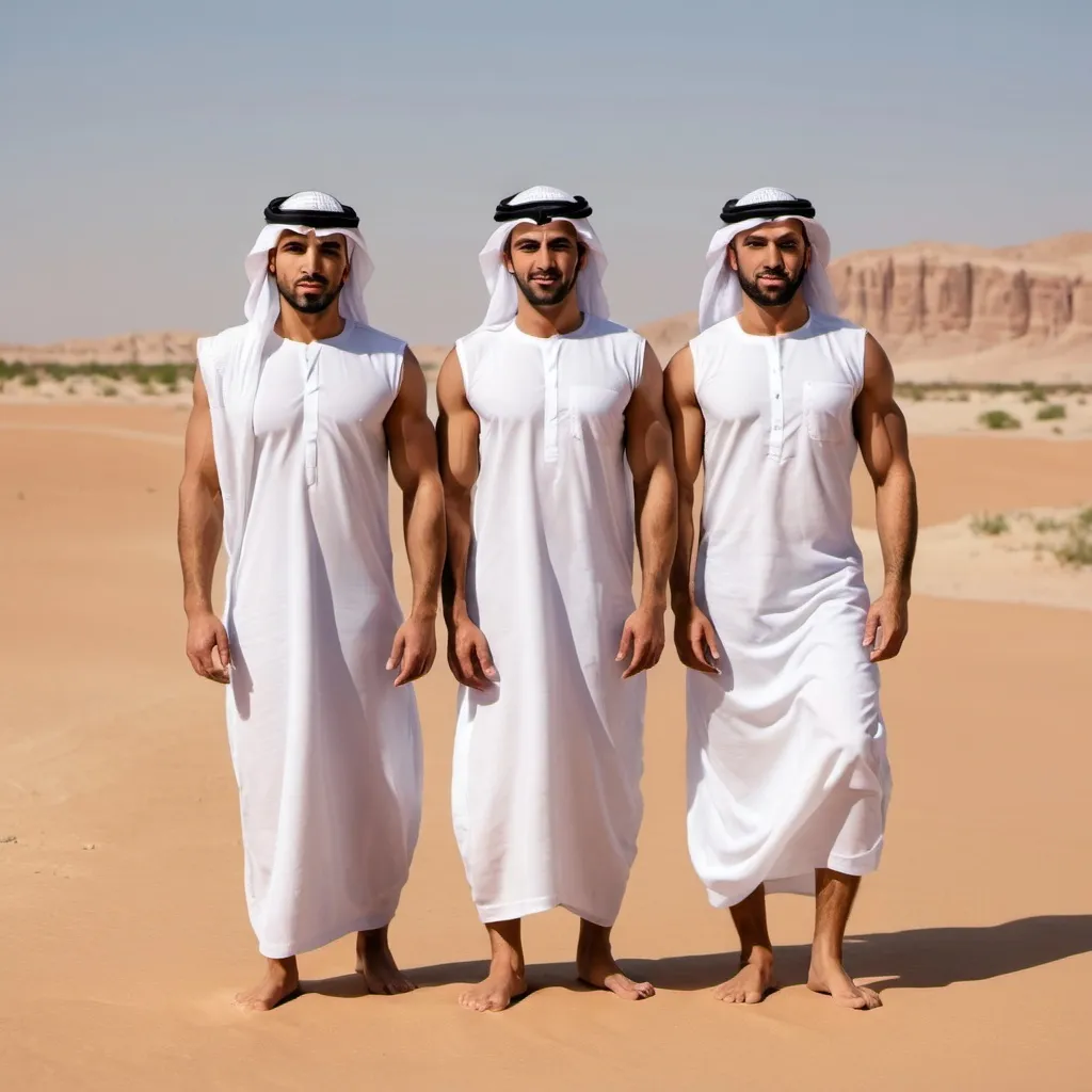 Prompt: Three muscular tan handsome Arab men standing in the desert barefoot facing front