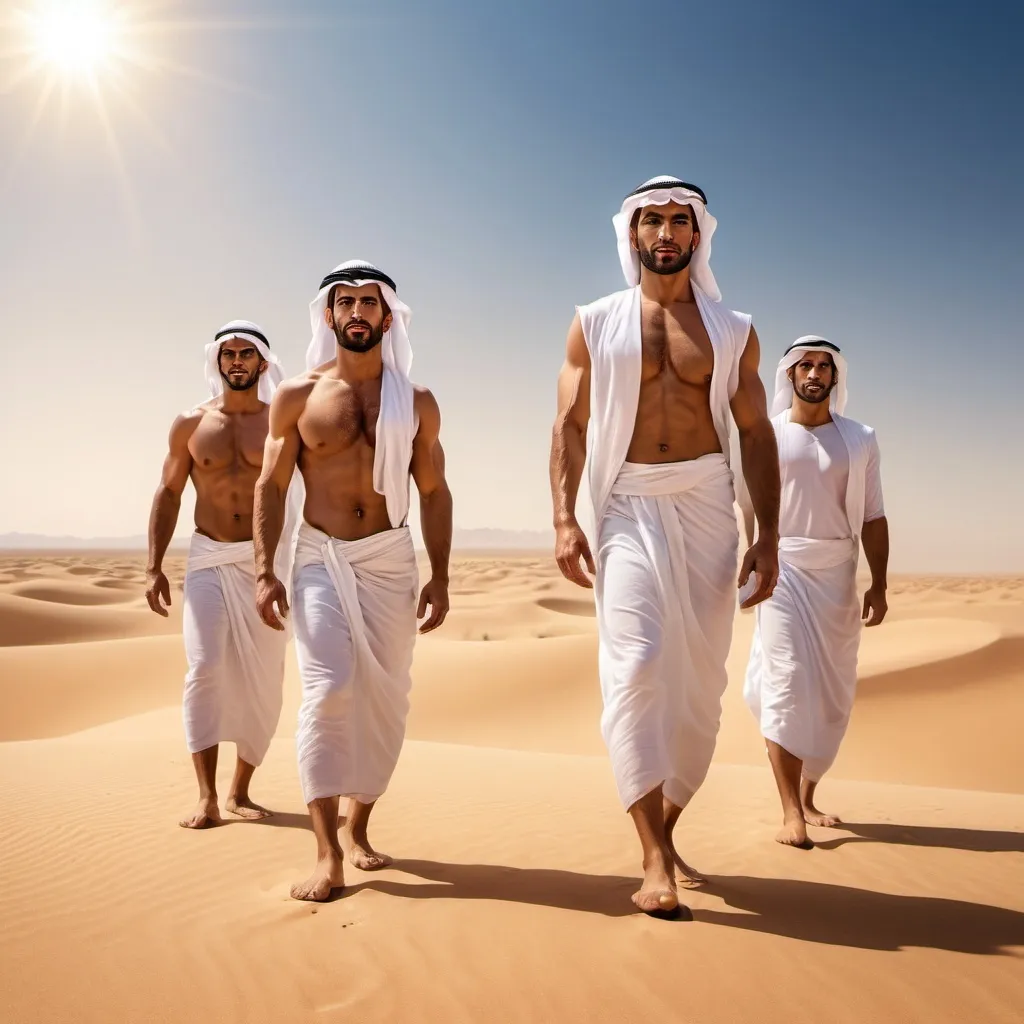 Prompt: Three muscular tan (handsome Arab men) standing in the desert, barefoot, facing front, (dramatic lighting), vivid sandy tones, warm golden hues, sunlit atmosphere, powerful and confident expressions, clear blue sky in the background, desert landscape with rolling dunes, slight mirage effect, high resolution, photorealistic, ultra-detailed, (cinematic masterpiece) quality.