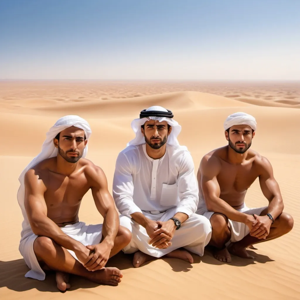 Prompt: Three muscular tan (handsome Arab men) sitting in the desert, barefoot, facing front, (dramatic lighting), vivid sandy tones, warm golden hues, sunlit atmosphere, powerful and confident expressions, clear blue sky in the background, desert landscape with rolling dunes, slight mirage effect, high resolution, photorealistic, ultra-detailed, (cinematic masterpiece) quality.