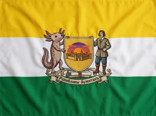 Prompt: A rectangle flag with: Yellow strip at the top, white at the middle and green at the bottom, as a symbol, the center of the flag, is a coat of arms, that in the coat of arms: Axolotl holding a shield at the left, and a human at the right, in the shield: main shield has a golden background with a city and  a sunset in it, below the shield, there's a bundle, and in the bundle write: Рєпuбликы Аvмuтанъ