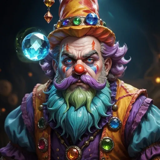 Prompt: a photo of a dawrf clown that has magical power and nothing to make him smile