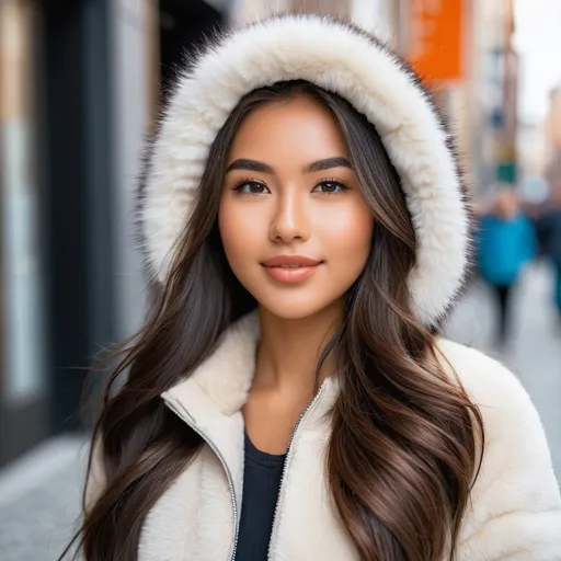 Prompt: Beautiful, young and pretty Eskimo girl. She wears casual but sophisticated clothes in the city. Her hair is long dark brown color. Her color skin is light and bright tan. Her height is 174 cm. She is 20 years old