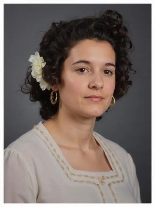 Prompt: This is a photograph of a young woman with a soft, neutral expression, set against a plain, dark gray background. She has medium-length, curly dark brown hair styled in loose waves, adorned with a single white flower on the left side. Her skin is fair, and she has a subtle blush on her cheeks. She is wearing a white, long-sleeved blouse with delicate gold embroidery along the neckline and shoulders, giving it a slightly vintage or romantic feel. Her ears are adorned with simple, gold hoop earrings. The lighting is soft and even, highlighting her facial features and the texture of her hair and blouse. The overall style of the photograph is classic and elegant, with a focus on natural beauty and simplicity. The image has a white border around it, framing the subject and adding a slight vintage touch to the presentation. The photograph emphasizes the woman's serene and gentle demeanor, capturing a moment of quiet elegance.