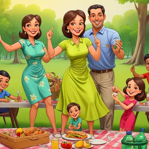 Prompt: Cartoon transformation of a joyful family picnic, vibrant colors, playful and dynamic style, detailed expressions, lush green surroundings, happy and relaxed atmosphere, high quality, vibrant, dynamic, detailed characters, lush environment, joyful ambiance, professional, vibrant colors, playful style, artistic transformation, cartoon, detailed expressions, vivid lighting