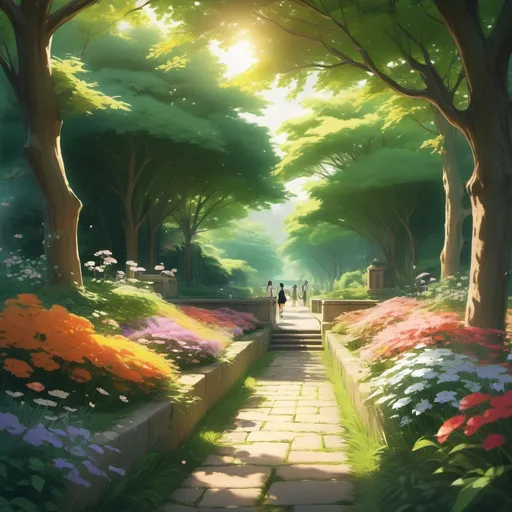Prompt: Anime style, warm color scheme, a serene and pure life immersed in the beauty of nature, lush green landscapes, vibrant flowers blooming, soft sunlight filtering through trees, peaceful atmosphere, humans engaging harmoniously with their environment, depicting beauty and tranquility in everyday moments, capturing the essence of life's simplicity and elegance, ultra-detailed, enchanting and atmospheric.