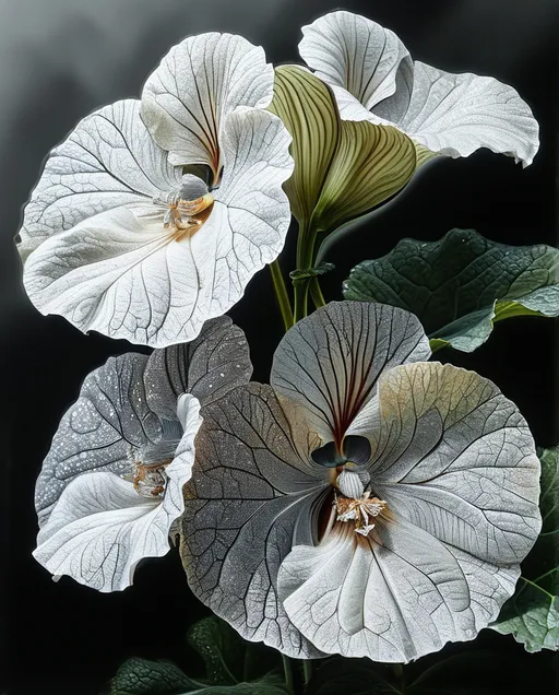 Prompt: <mymodel> (white, grey, black, and silver) drawing of (three begonia flowers),  intricate bold lines, detailed petals, decorated with shiny crystals, silver accents, elegant composition, flowers within frame, soft contrast, artistic curvature, striking sophistication, harmonious balance in floral arrangement, HD, ultra-detailed with fine textures, showcasing beauty and elegance through monochrome art.