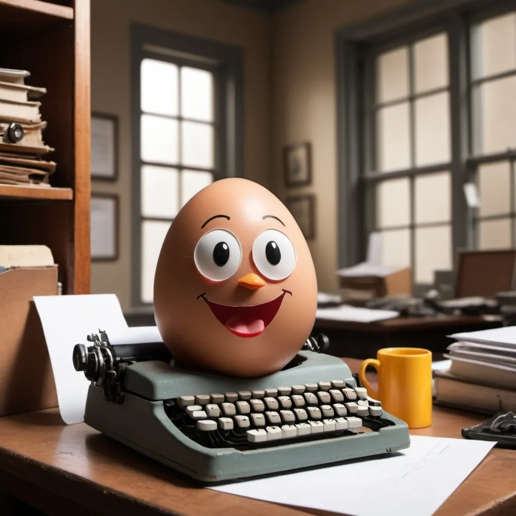 Prompt: Create an image of a happy egg sitting in a old office with typewriter and other stuff
