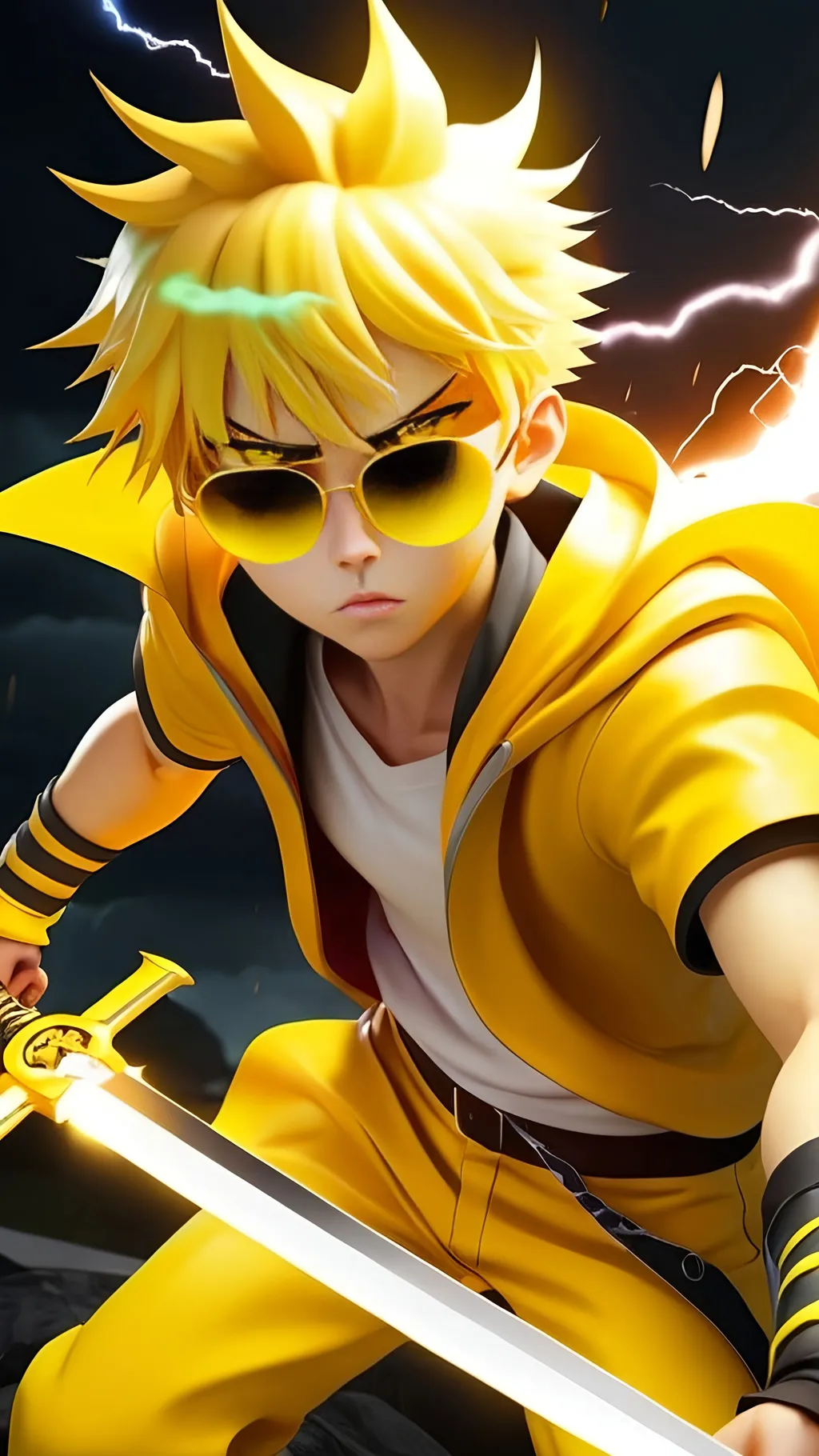 Prompt: 3d anime style, yellow hair boy with sword Power of thunder, his eyes are fill with thunder light. He wear yellow clothes with white round shades, Deamon Slayer anime scene