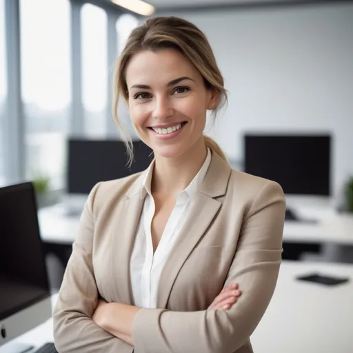 Prompt: A friendly and trustworthy female recruiter in her early 30s, smiling warmly. She has a neat appearance, soft facial features, and exudes approachability. She is dressed professionally but not overly formal — think a smart blouse and blazer in soft tones. The setting is a bright, modern office environment with natural lighting. Her posture is relaxed yet confident, making people feel instantly at ease. She looks like someone you'd enjoy working with and feel comfortable talking to. No exaggerated filters or glamour — just a natural, genuine look.