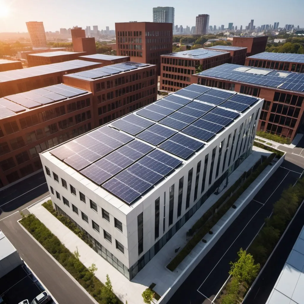 Prompt: Elegant urban office building with solar panels on roof