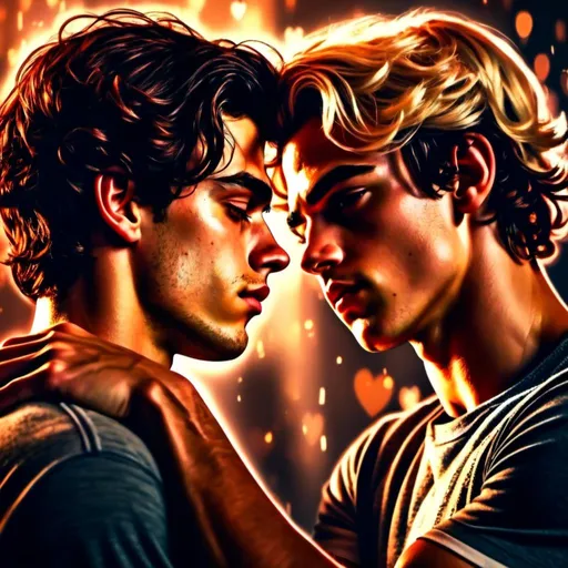 Prompt: <mymodel>Emotional digital illustration of a young man pleading for love from another young man, adoring and obsessed with a blond young man with styled hair, childhood love, detailed features, high-res, romantic, emotional, warm tones, soft lighting, detailed expressions, digital art, love confession, passionate gaze