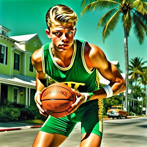 Prompt: <mymodel>Photorealistic retro photo of a basketball player, Miami 1985, shooting hoops, reflective gym shorts, white gym socks, green tennis shoes, green and white wrist sweat bands, white headband, vintage photo quality, photorealistic, retro, detailed, vibrant colors, sunny outdoor lighting