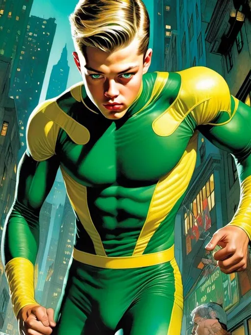 Prompt: <mymodel> Dashi wearing a durable mesh-like spandex which is colored emerald green with lemon yellow panels outlined in white piping. The costume is constructed of skin-tight Kevlar and worn under protective, reflective armor plates. The hero's face is obscured by the mask worn as part of his heroic costume.
