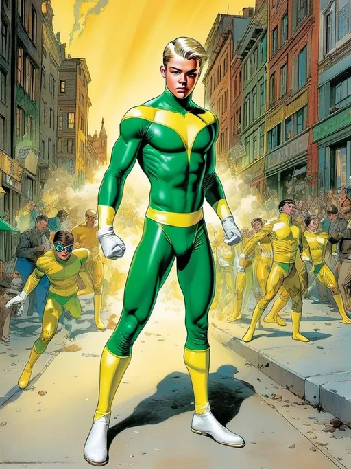 Prompt: <mymodel> Dashi wearing a durable mesh-like spandex which is colored emerald green with lemon yellow panels outlined in white piping. The costume is constructed of skin-tight Kevlar and worn under protective, reflective armor plates. The hero's face is obscured by the mask worn as part of his heroic costume.
