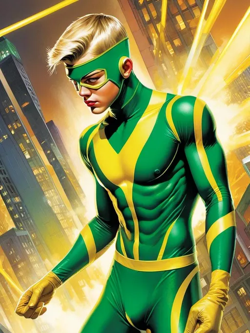 Prompt: <mymodel> Dashi wearing a durable mesh-like spandex which is colored emerald green with lemon yellow panels outlined in white piping. The costume is constructed of skin-tight Kevlar and worn under protective, reflective armor plates. The hero's face is obscured by the mask worn as part of his heroic costume.
