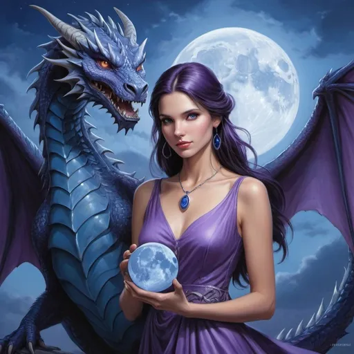 Prompt: a woman in a purple dress holding a blue dragon in her hand and a blue moon behind her, with a blue sky and blue background, Anne Stokes, fantasy art, fantasy artwork, a storybook illustration