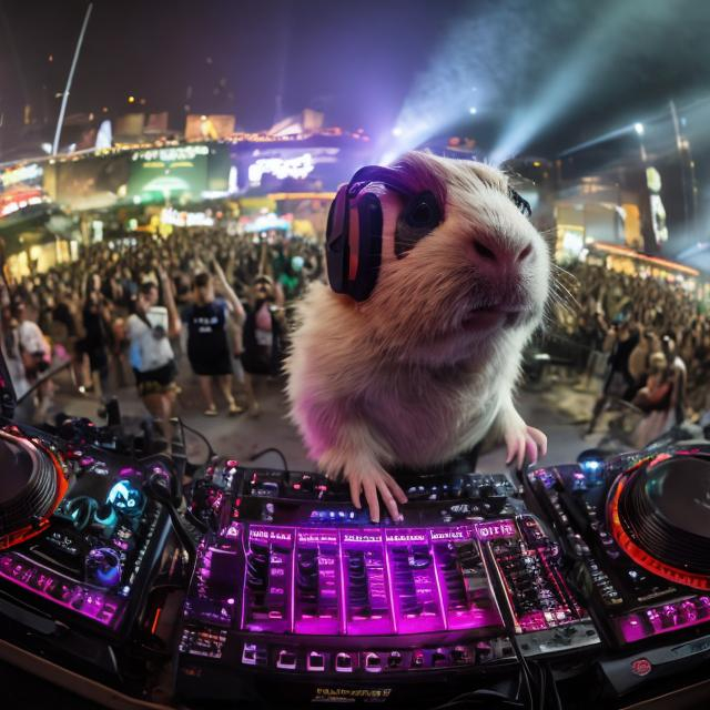 Prompt: anthropomorphic guinea pig wearing headphones, standing on two hind legs, DJing at a music festival. wide shot of the stage he is on, with the crowd visible in the foreground. dark moody lighting 