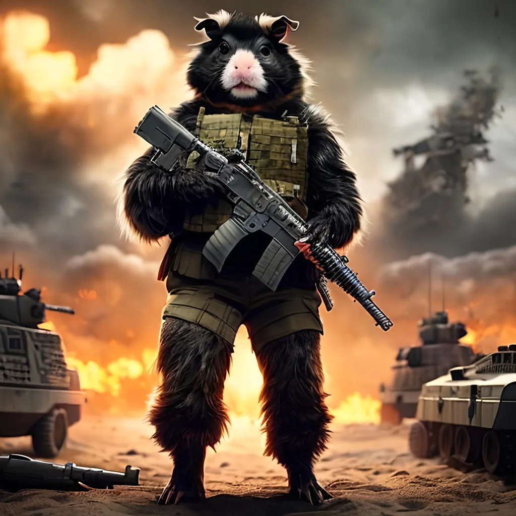 Prompt: anamorphic fuzzy guinea pig, wearing modern Army gear and holding a gun. in an outdoor battlefield scene on a beach with dying soldiers and explosions in the background. realistic cgi render, marvel movie style, helmet off,    ominous atmosphere. portrait  