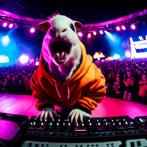 Prompt: anthropomorphic guinea pig wearing supreme hoodie, standing on two hind legs, DJing at a music festival. wide shot of the stage he is on, with the crowd visible in the foreground 