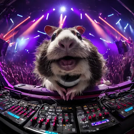 Prompt: anthropomorphic guinea pig wearing headphones, standing on two hind legs, DJing at a music festival. intense expression wide shot of the stage he is on, with the crowd visible in the foreground. dark moody lighting, death metal logos in the background