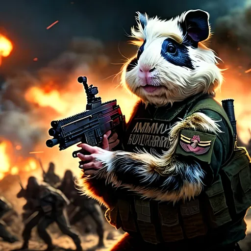 Prompt: anamorphic fuzzy guinea pig, wearing modern Army gear and holding a gun. in an outdoor battlefield scene on a beach with dying soldiers and explosions in the background. realistic cgi render, marvel movie style, helmet off,    ominous atmosphere. portrait  