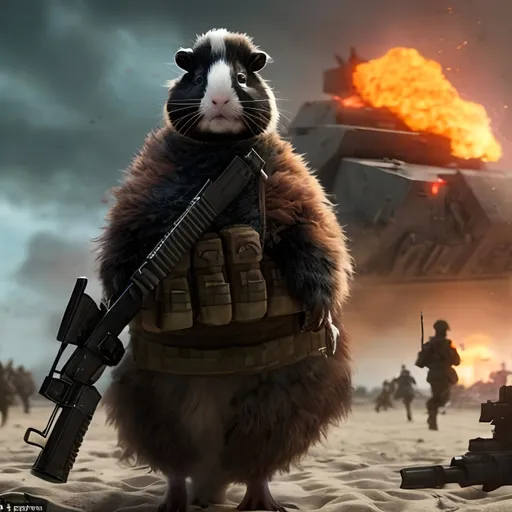 Prompt: anamorphic fuzzy guinea pig, realistic cgi render, helmet off, wearing modern Army gear and holding a gun. outdoor battlefield scene on a beach, dying soldiers and explosions in the background.  ominous atmosphere. portrait 