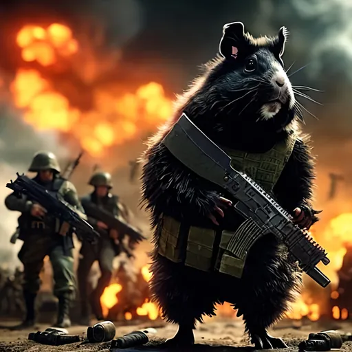Prompt: anamorphic fuzzy guinea pig, angry shouting, wearing modern Army gear and holding a gun. in an outdoor battlefield scene on a beach with dying soldiers and explosions in the background. realistic cgi render, unreal engine, fine details, marvel movie style, helmet off,    ominous atmosphere. portrait  