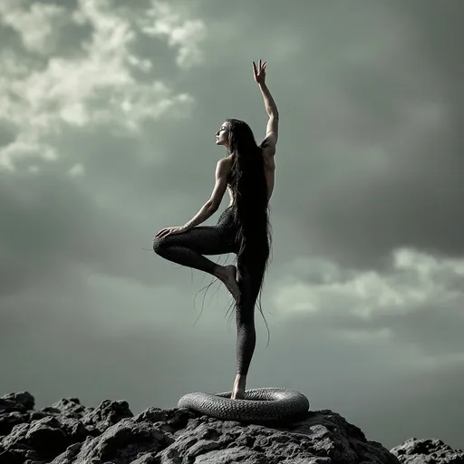 Prompt: On hill top woman stands like snake, one leg curved with another leg and stands on single finger 
