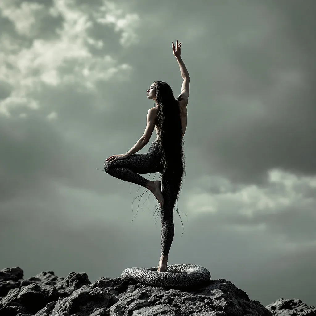 Prompt: On hill top woman stands like snake, one leg curved with another leg and stands on single finger 
