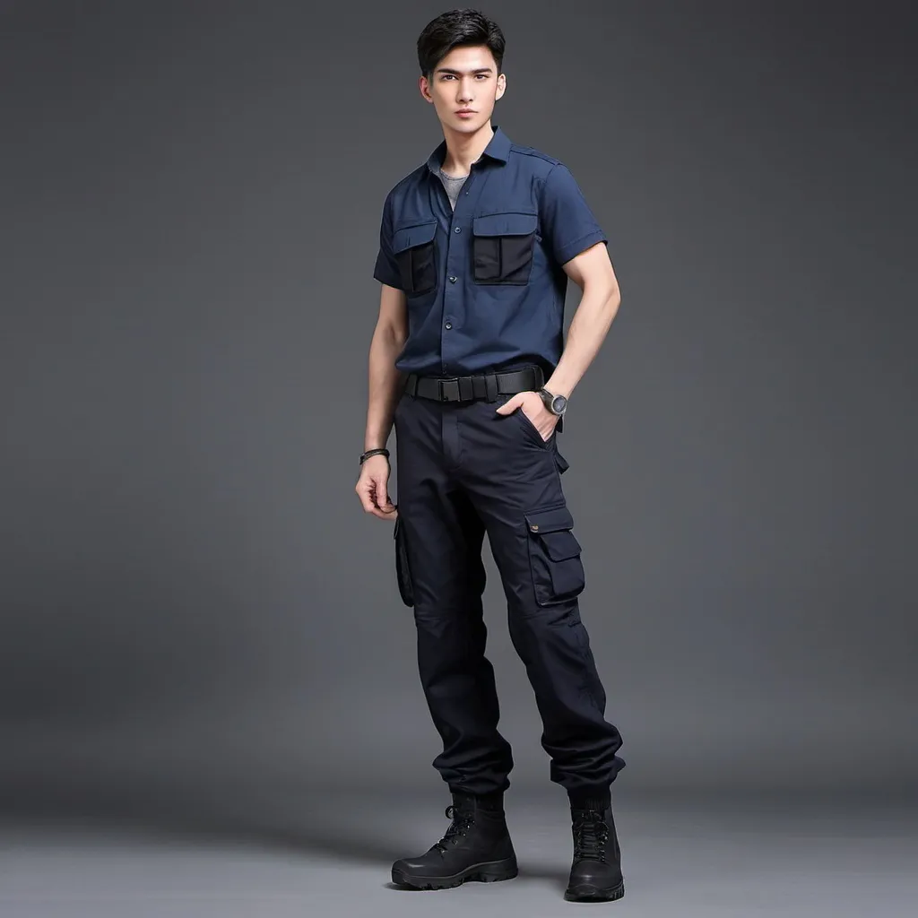 Prompt: Engineers outdoor outfit dark blue top black cargo pant