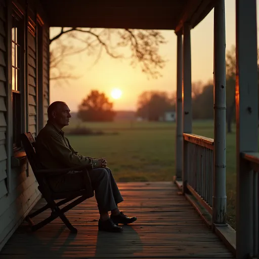 Prompt: a man sitting on a porch in 1930s american south watching the sun come up