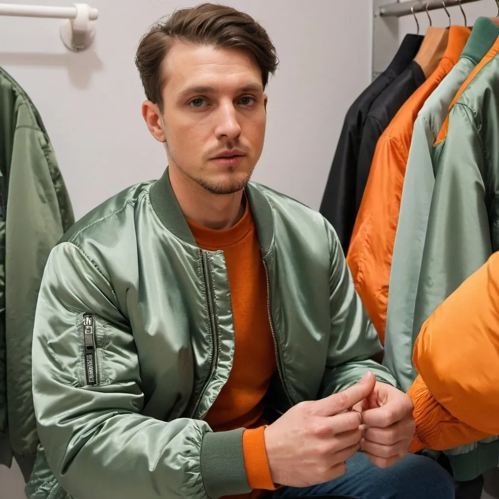 Prompt: a man sitting in the dressing room, he wears a nylon ma1-bomber jacket in sage green. he opens his jacket and show thin orange lining of his jacket. 4 further man are standig around the man and watching at huim. they are pointing with their fingers on him