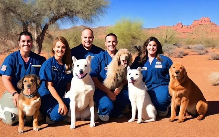 Prompt: diverse veterinary team, variety of pets, Arizona landscapes, for Facebook group cover photo
